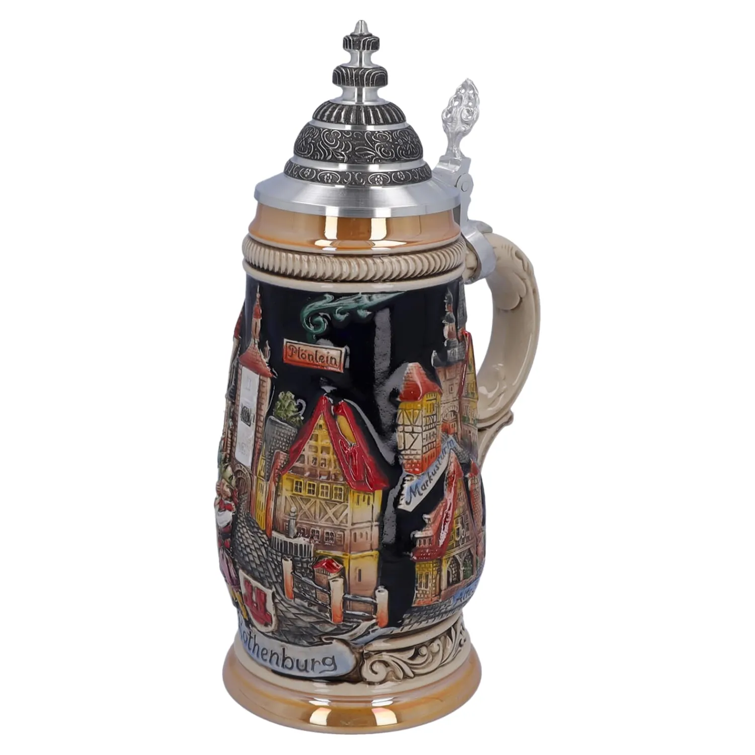 Bierkrüge|Rothenburg Motive-Bierkrug mit Zinndeckel "Panorama Rothenburg", schwarz, 0,5l