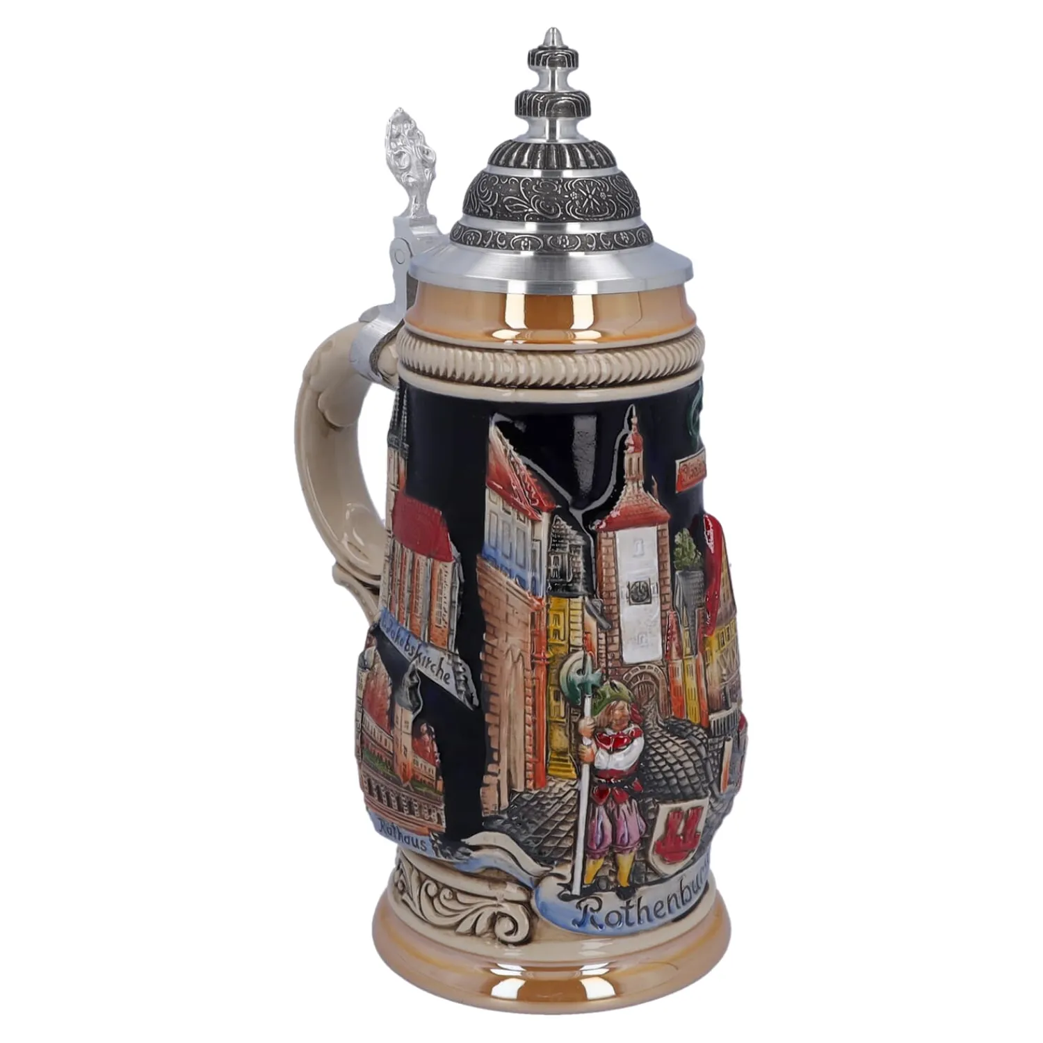 Bierkrüge|Rothenburg Motive-Bierkrug mit Zinndeckel "Panorama Rothenburg", schwarz, 0,5l