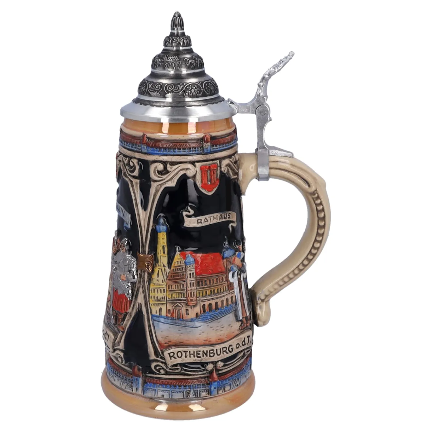Bierkrüge|Rothenburg Motive-Bierkrug mit Zinndeckel "Rothenburg mit Ritter", 0,5l