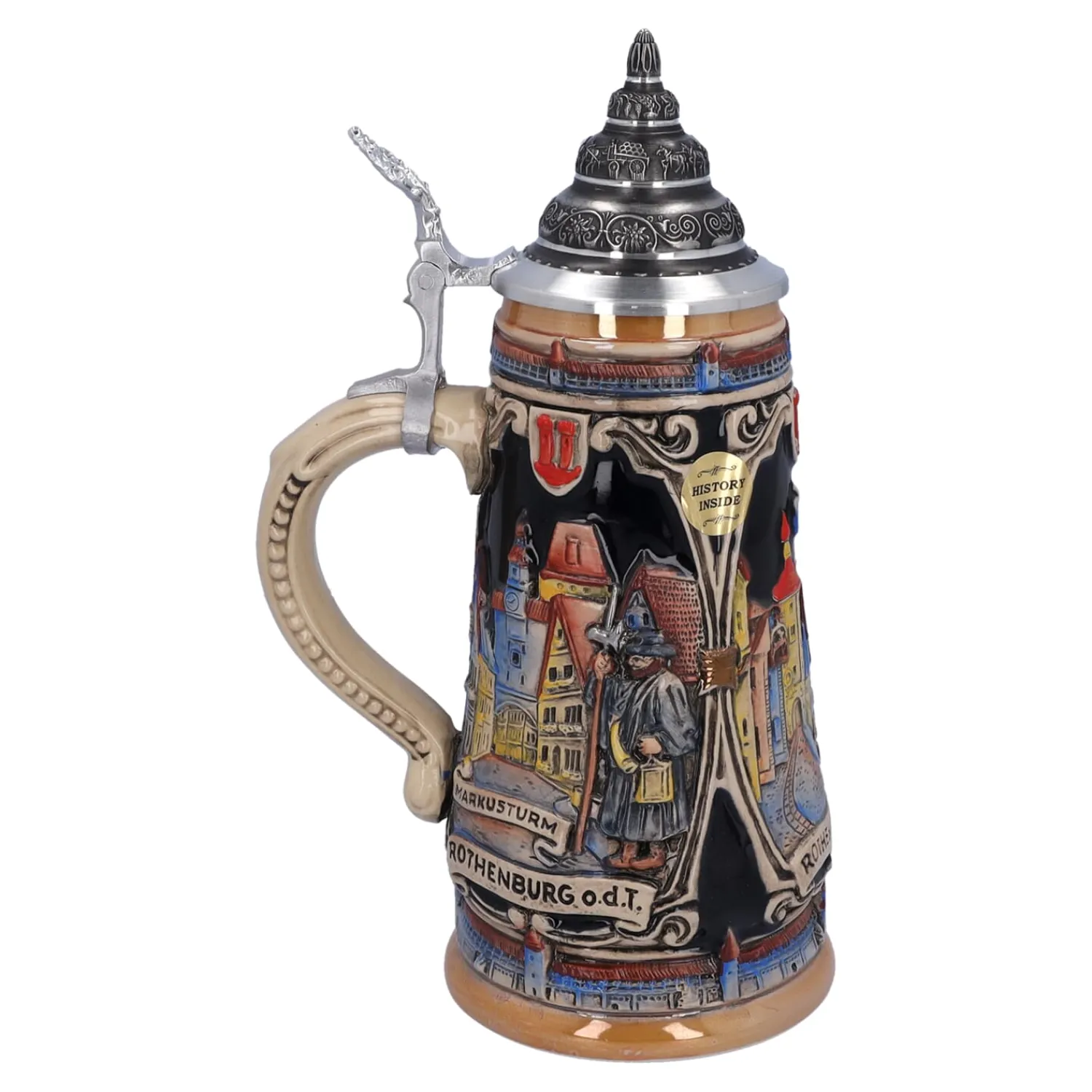 Bierkrüge|Rothenburg Motive-Bierkrug mit Zinndeckel "Rothenburg mit Ritter", 0,5l