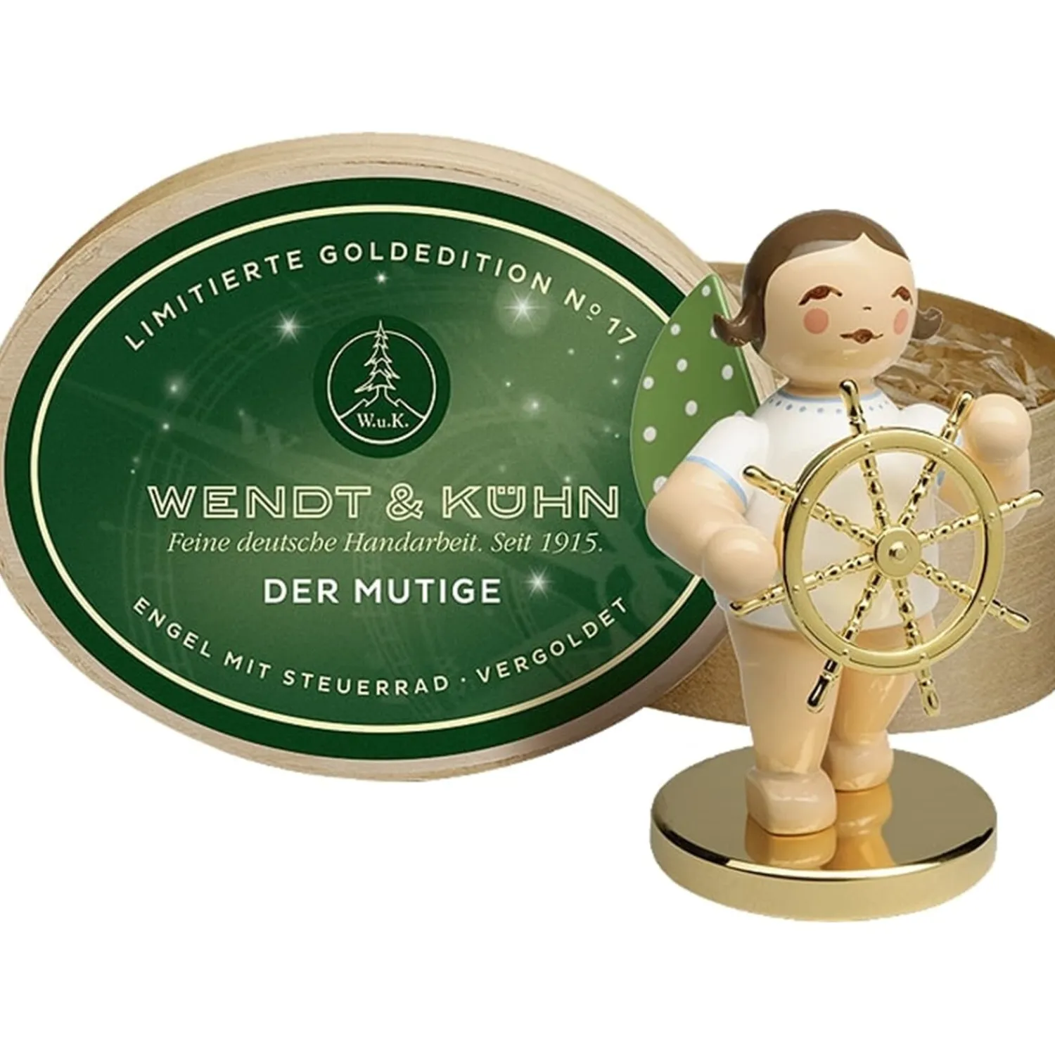 WENDT & KÜHN Wendt & Kühn Kollektion-Der Mutige, Engel mit Steuerrad auf vergoldetem Metallsockel, Goldedition No17