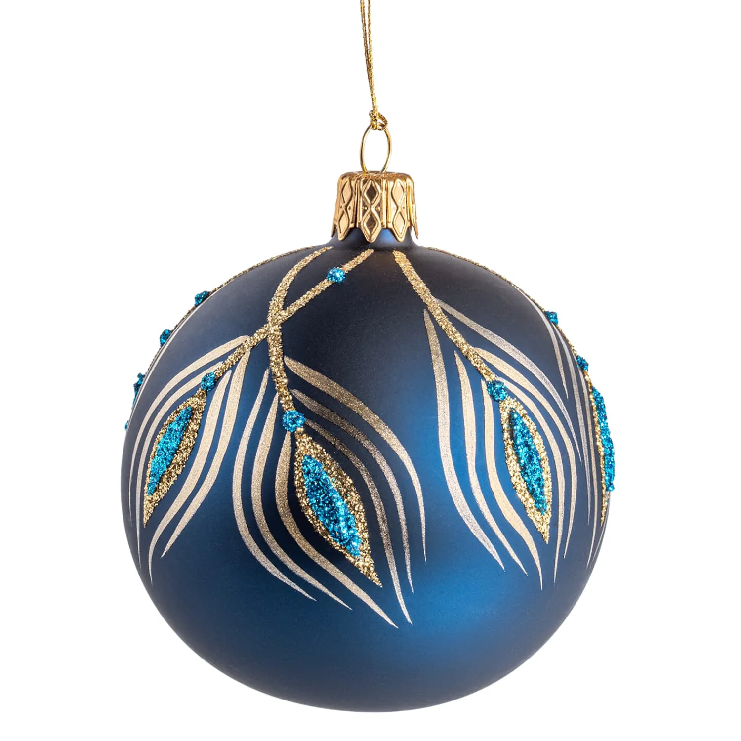Weihnachtskugeln-Glaskugel blau matt mit Pfauenfedern, 7 cm
