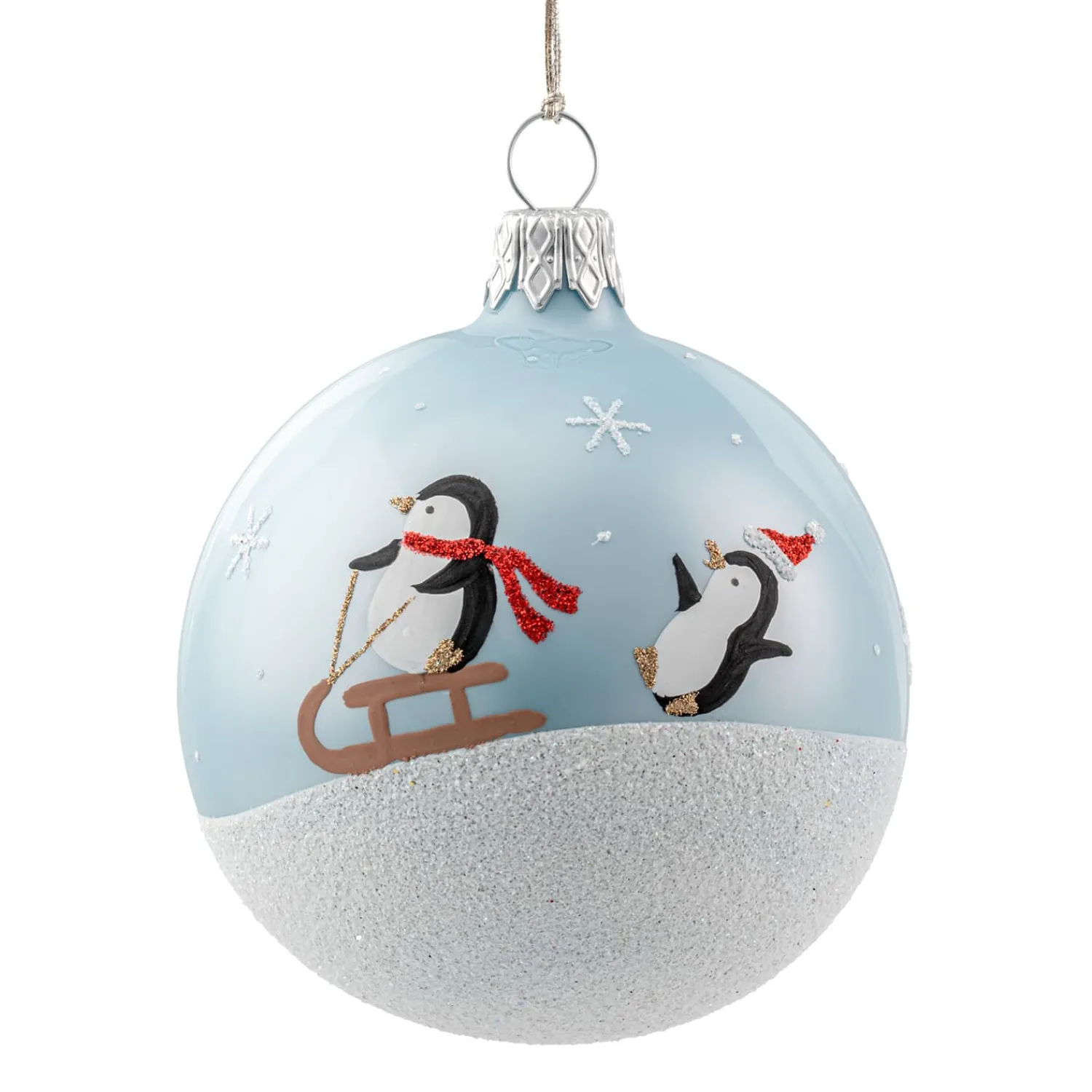 Weihnachtskugeln-Glaskugel blau opal mit Pinguine auf Schlitten, 7 cm