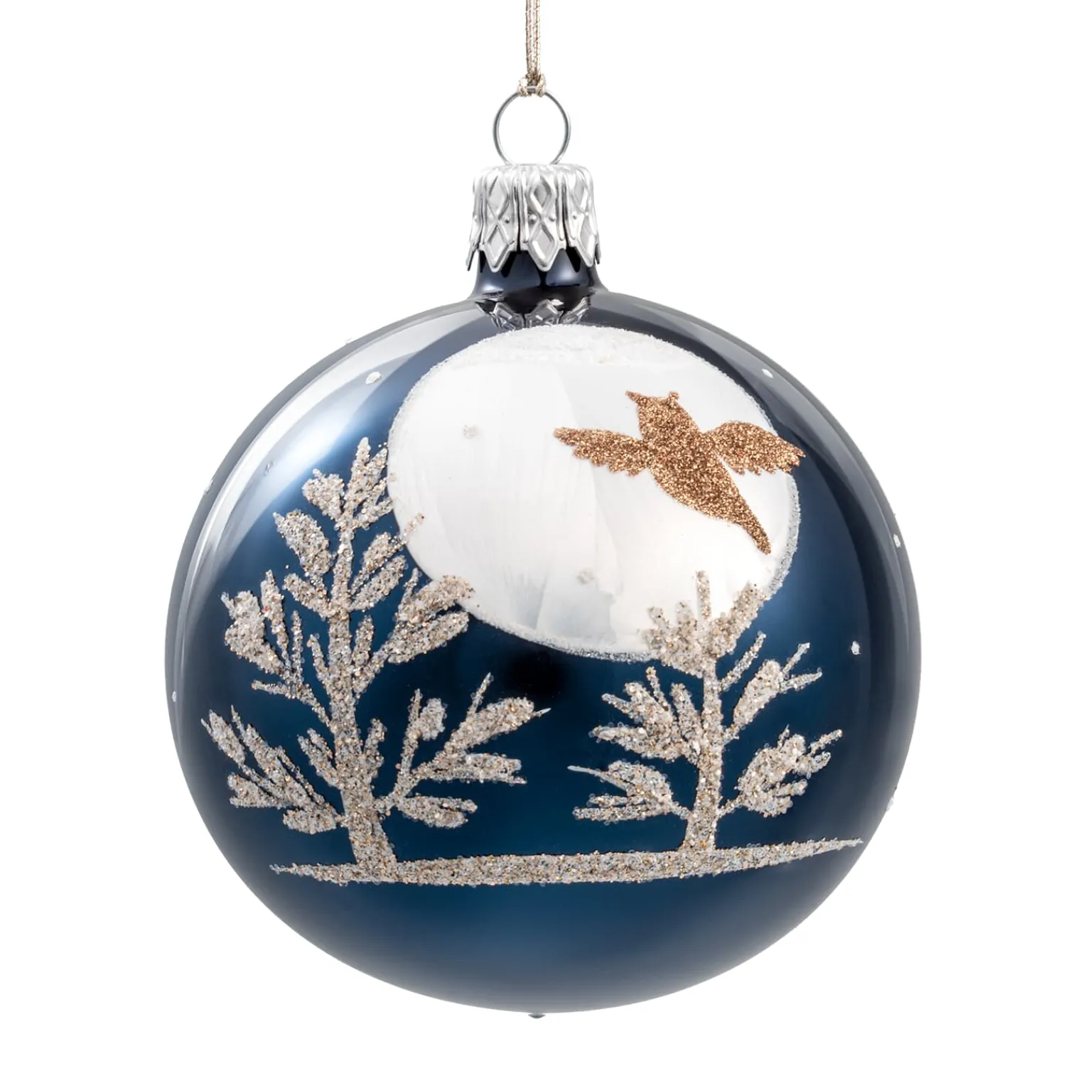 Weihnachtskugeln-Glaskugel blau Vollmondnacht mit Eule, 7 cm