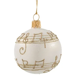 Weihnachtskugeln|Weihnachtskugeln Aus Glas-Glaskugel cremefarben mit Notenband, 6 cm