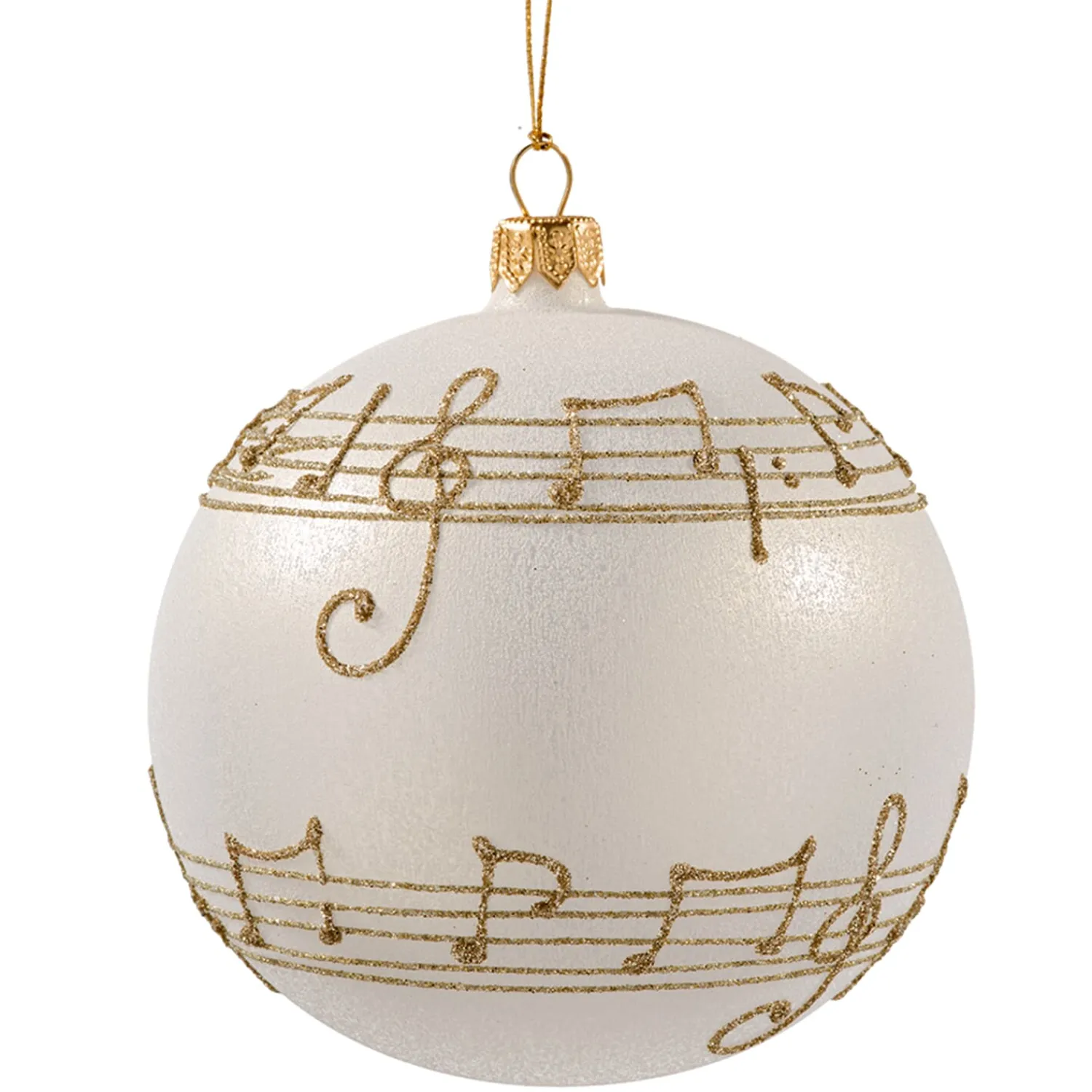 Weihnachtskugeln|Weihnachtskugeln Aus Glas-Glaskugel cremefarben mit Notenband, 10 cm