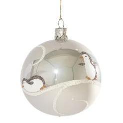 Weihnachtskugeln-Glaskugel grau mit Pinguinen, 7cm