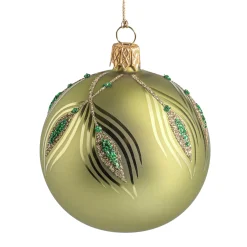 Weihnachtskugeln-Glaskugel grün matt mit Pfauenfedern, 7 cm