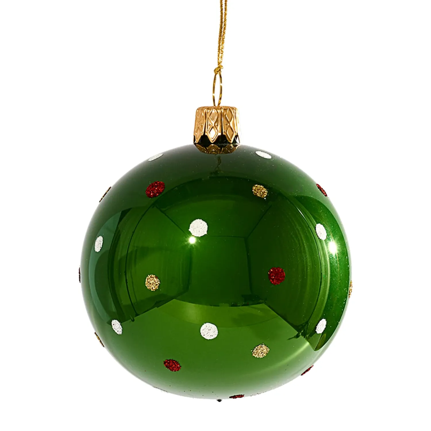 Weihnachtskugeln-Glaskugel grün mit bunten Punkten, 7 cm