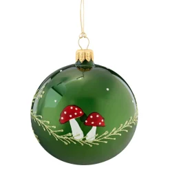 Weihnachtskugeln|Weihnachtskugeln Aus Glas-Glaskugel grün mit Fliegenpilzen, 8 cm