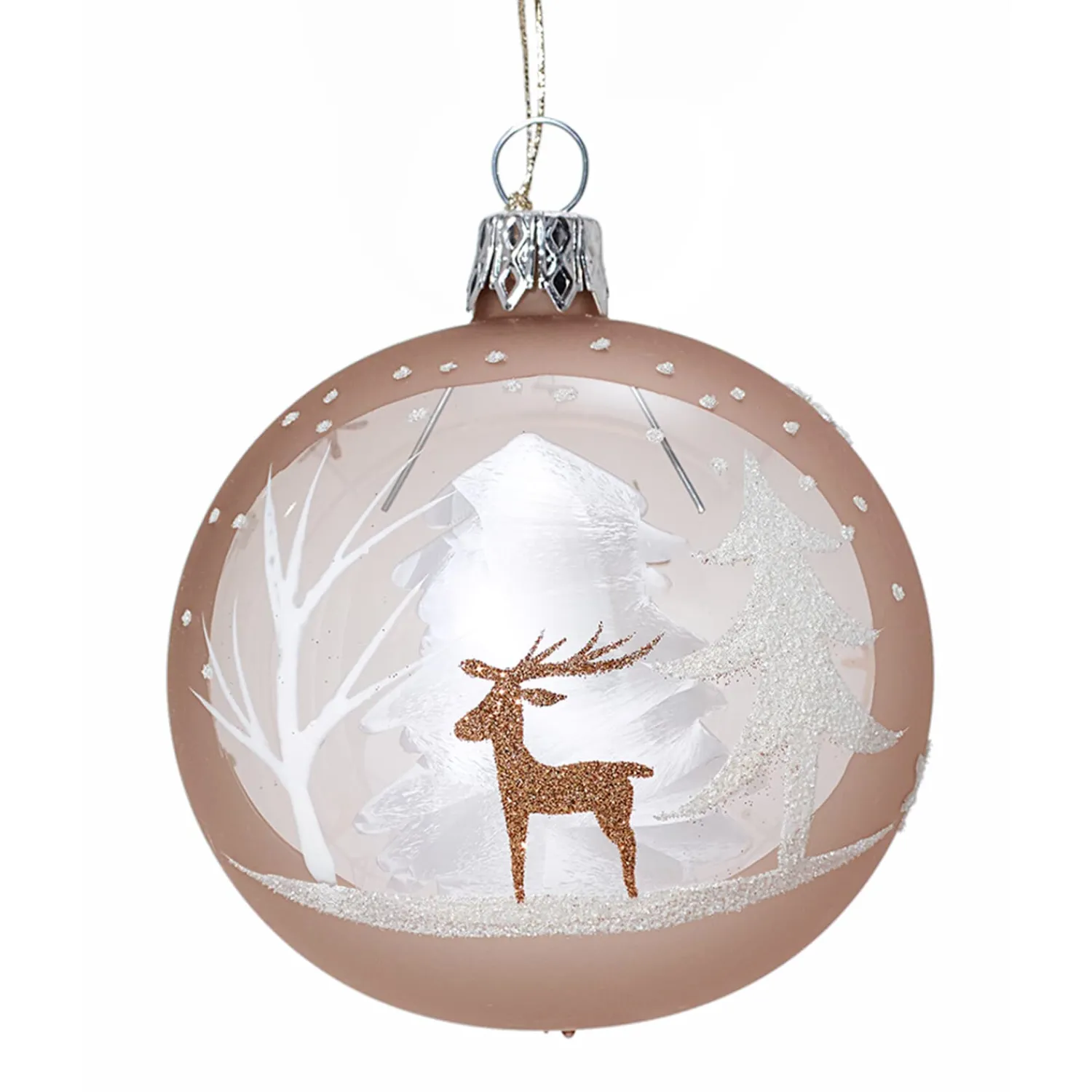 Weihnachtskugeln-Glaskugel hellbraun mit Winterwald, 7cm