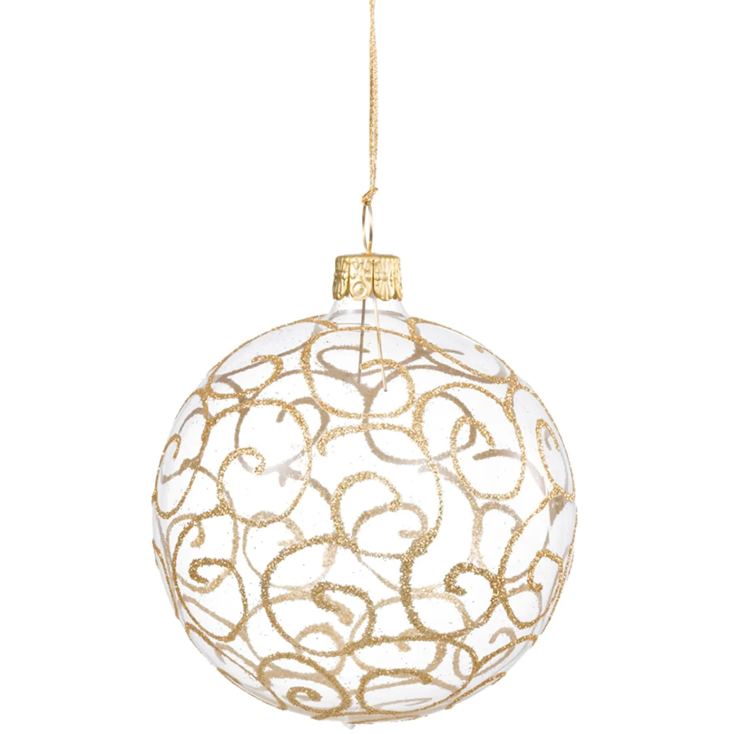 Weihnachtskugeln|Weihnachtskugeln Aus Glas-Glaskugel klar mit Goldschnörkeln, 8 cm