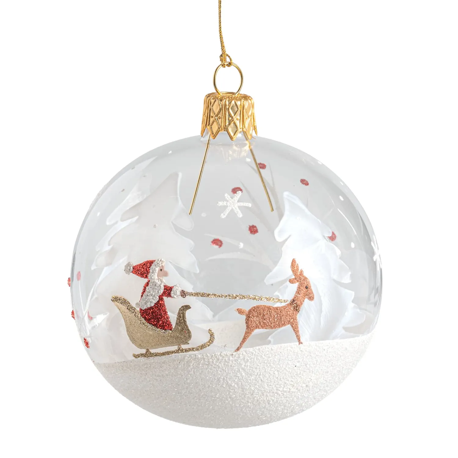 Weihnachtskugeln-Glaskugel klar mit Weihnachtsmann im Schlitten, 7 cm