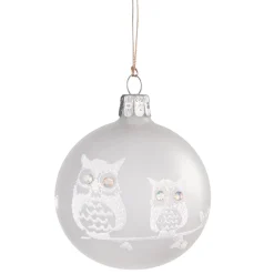 Weihnachtskugeln|Weihnachtskugeln Aus Glas-Glaskugel mattweiß mit weißen Eulen, 7 cm