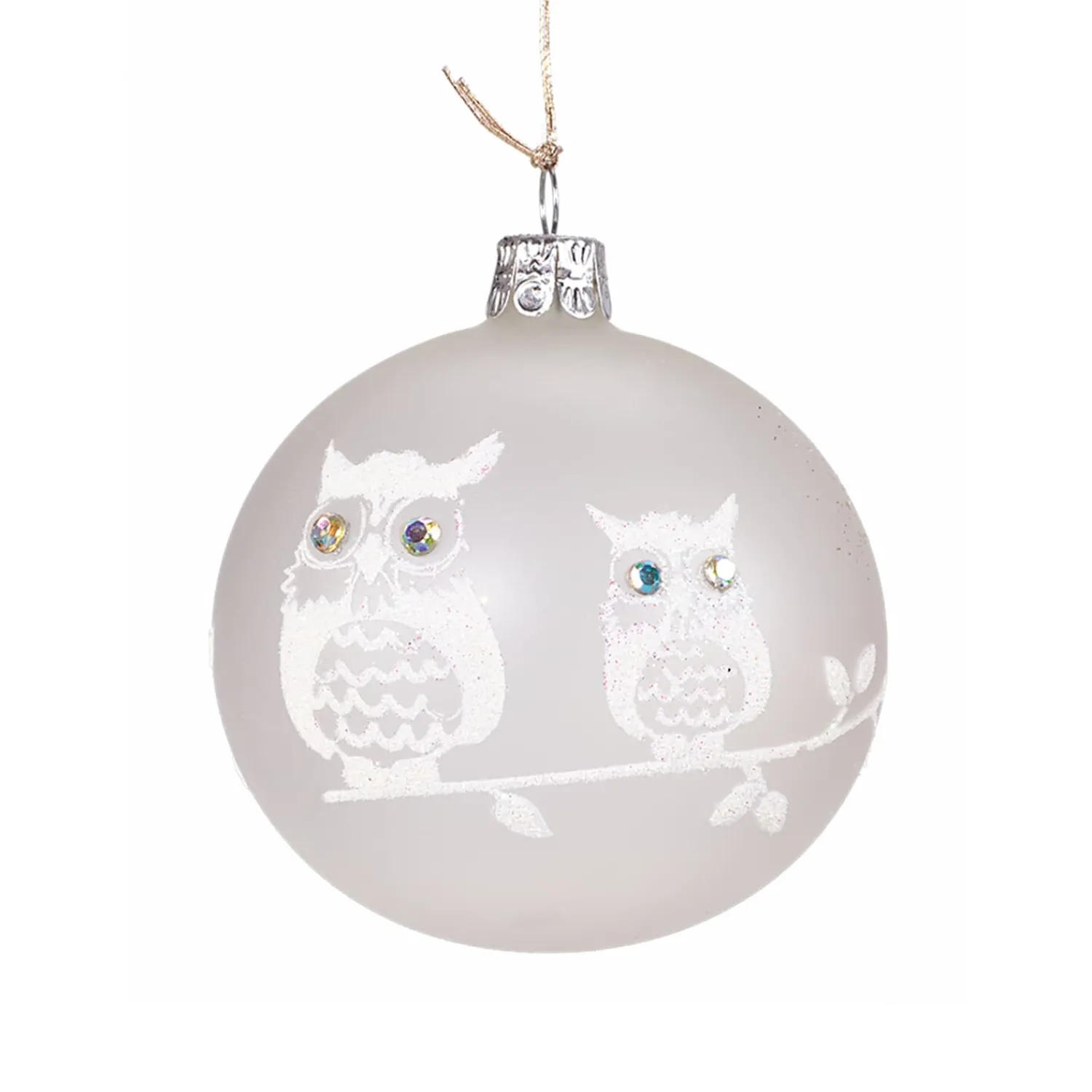 Weihnachtskugeln-Glaskugel mattweiß mit zwei weißen Eulen, 8cm