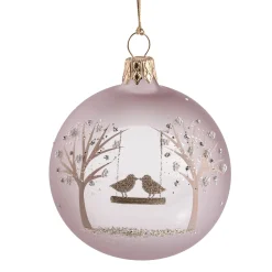 Weihnachtskugeln-Glaskugel rosé matt mit Vogelpaar, 7 cm