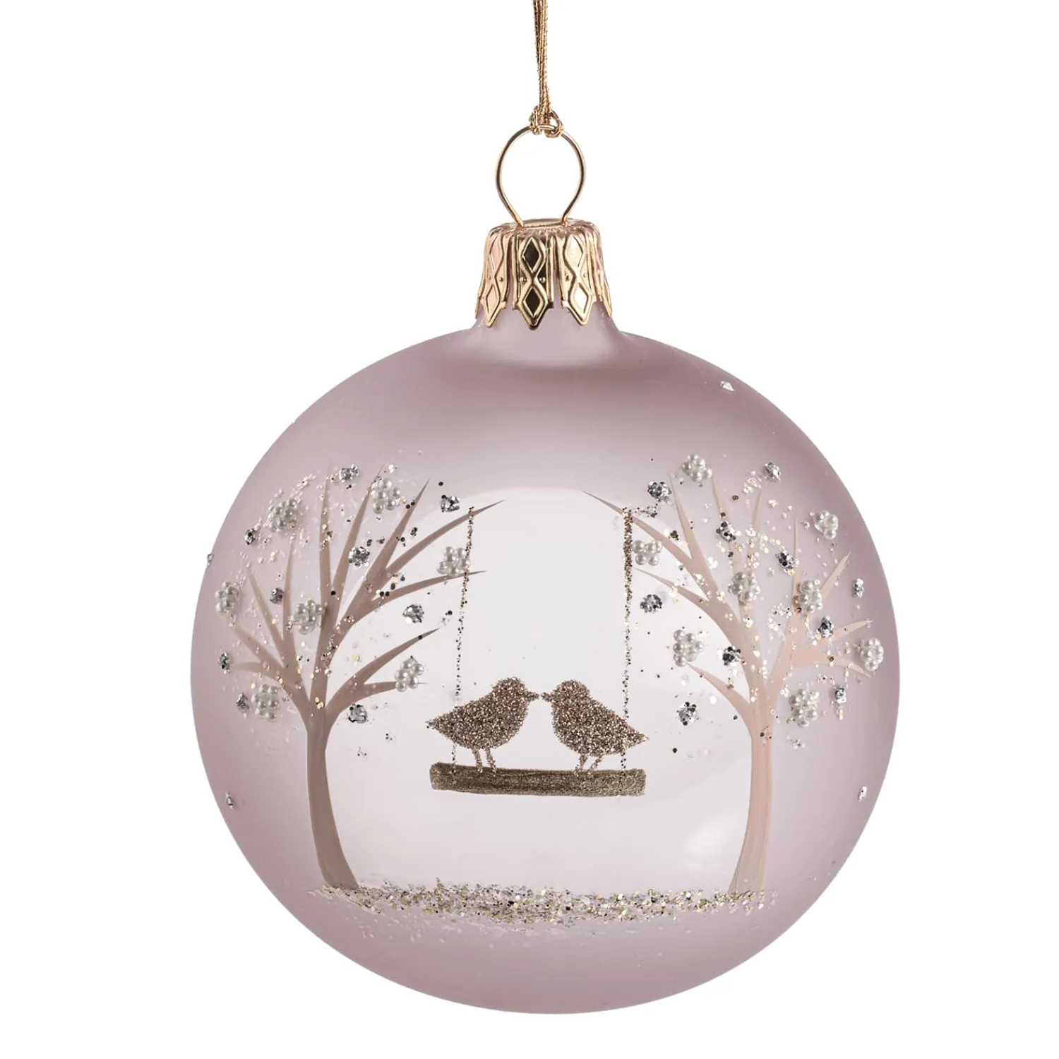 Weihnachtskugeln-Glaskugel rosé matt mit Vogelpaar, 7 cm