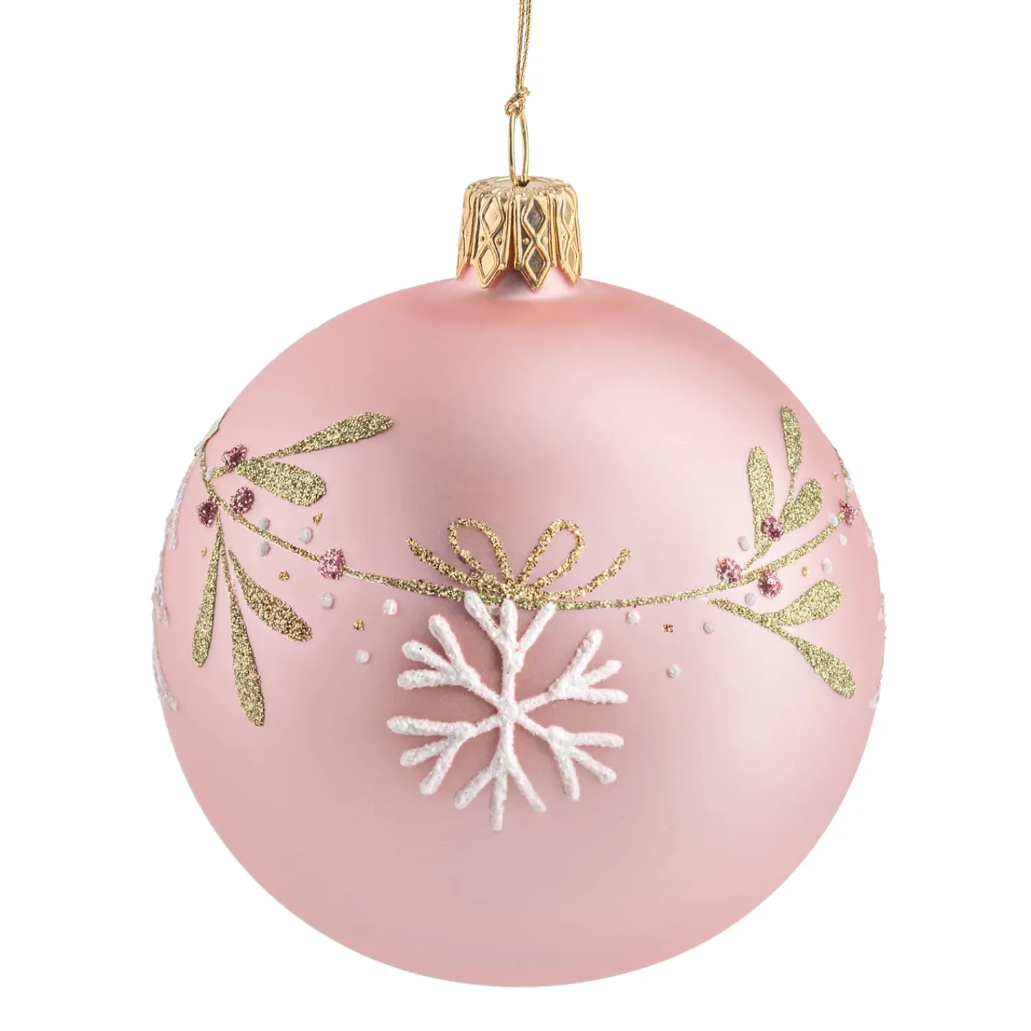 Weihnachtskugeln-Glaskugel rosa matt mit Weihnachtszweig, 7 cm