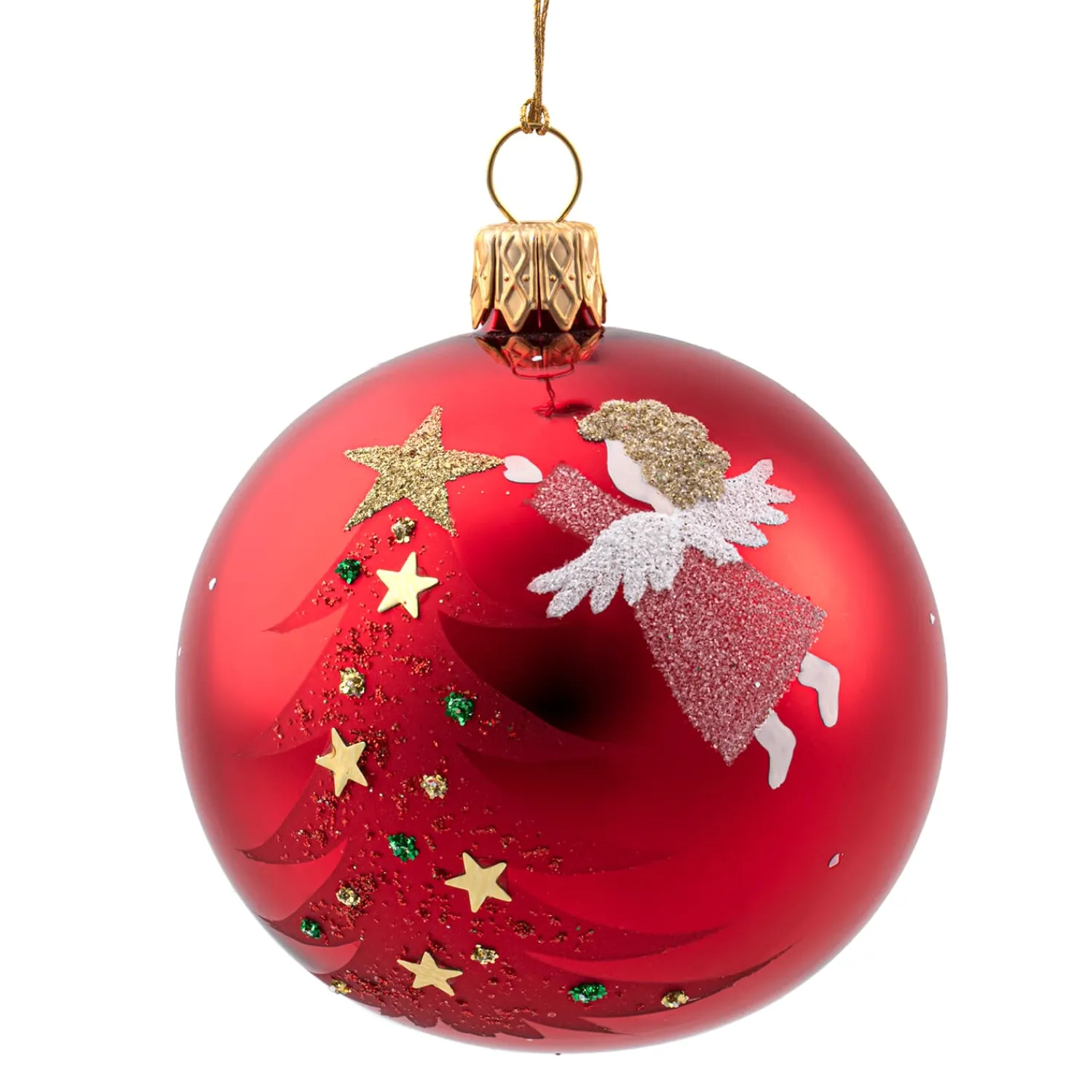 Weihnachtskugeln-Glaskugel rot glänzend mit Engel und Baum, 7 cm