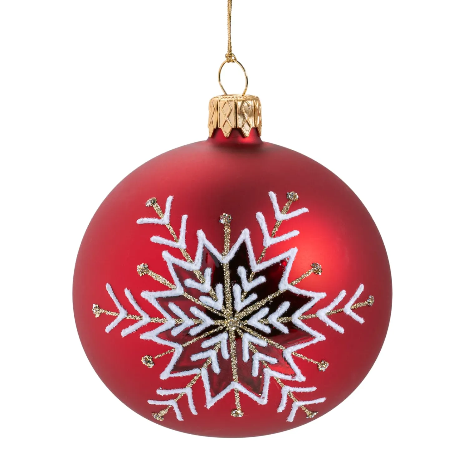 Weihnachtskugeln-Glaskugel rot matt mit Schneeflocke, 6 cm