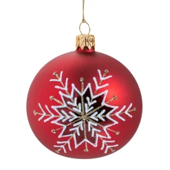 Weihnachtskugeln-Glaskugel rot matt mit Schneeflocke, 10 cm