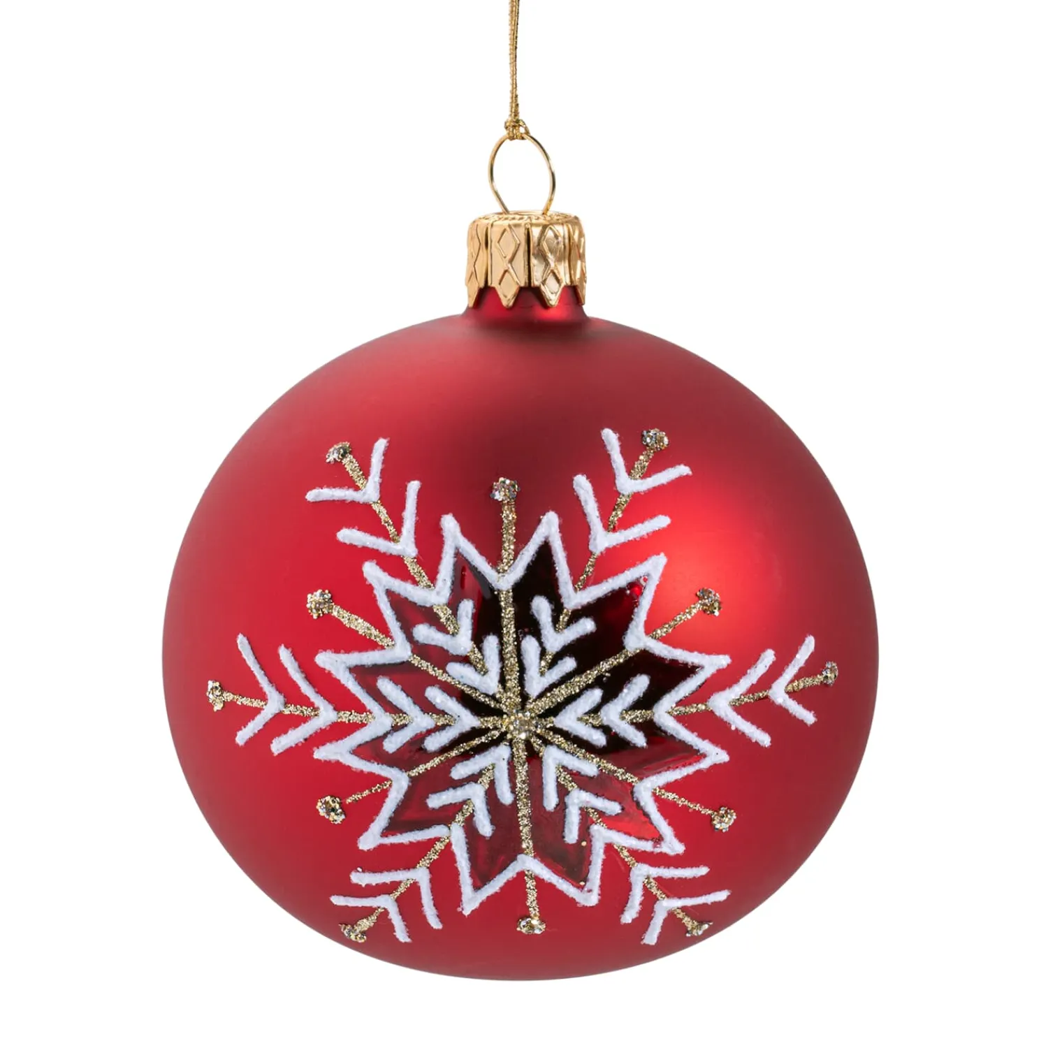 Weihnachtskugeln-Glaskugel rot matt mit Schneeflocke, 10 cm