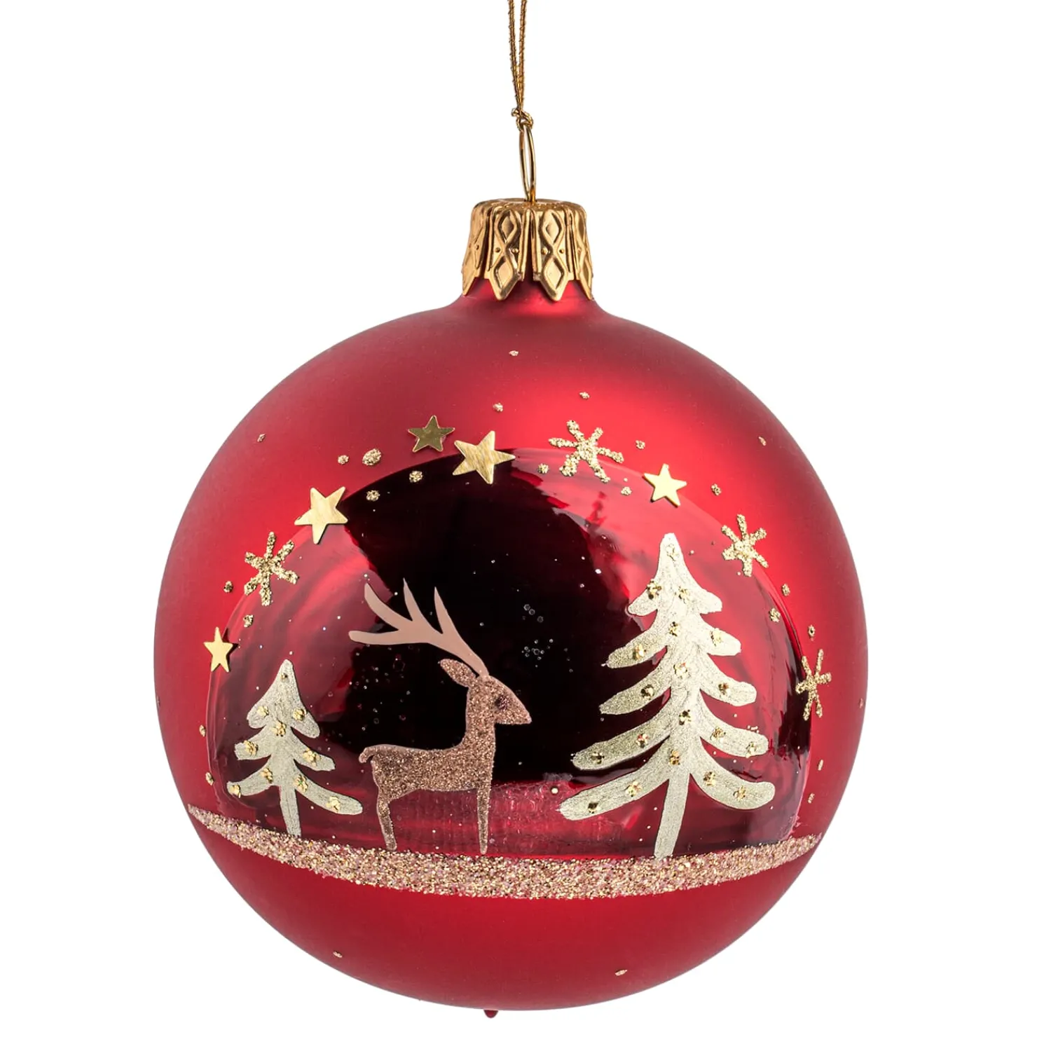 Weihnachtskugeln-Glaskugel rot matt/lack mit Hirsch im Wald, 7 cm