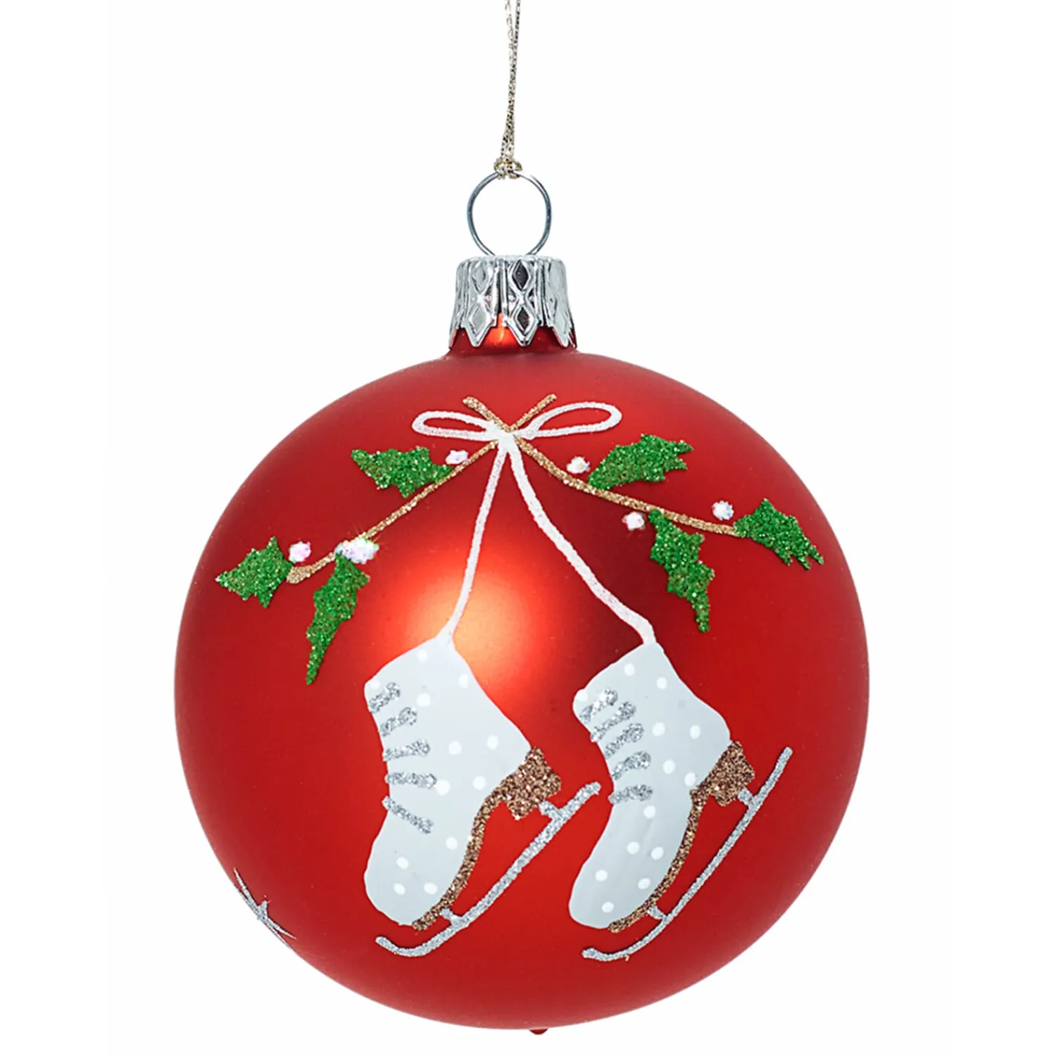 Weihnachtskugeln-Glaskugel rot mit Schlittschuhen und Mistelzweigen, 7cm