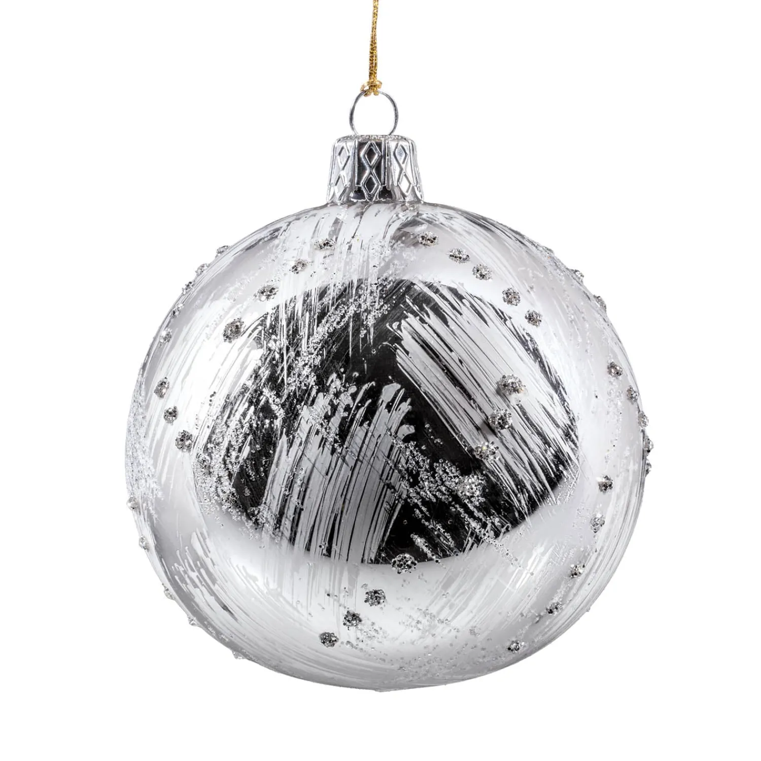 Weihnachtskugeln Aus Glas-Glaskugel silberfarben mit Glitzer und Pinselstrichen, 8 cm