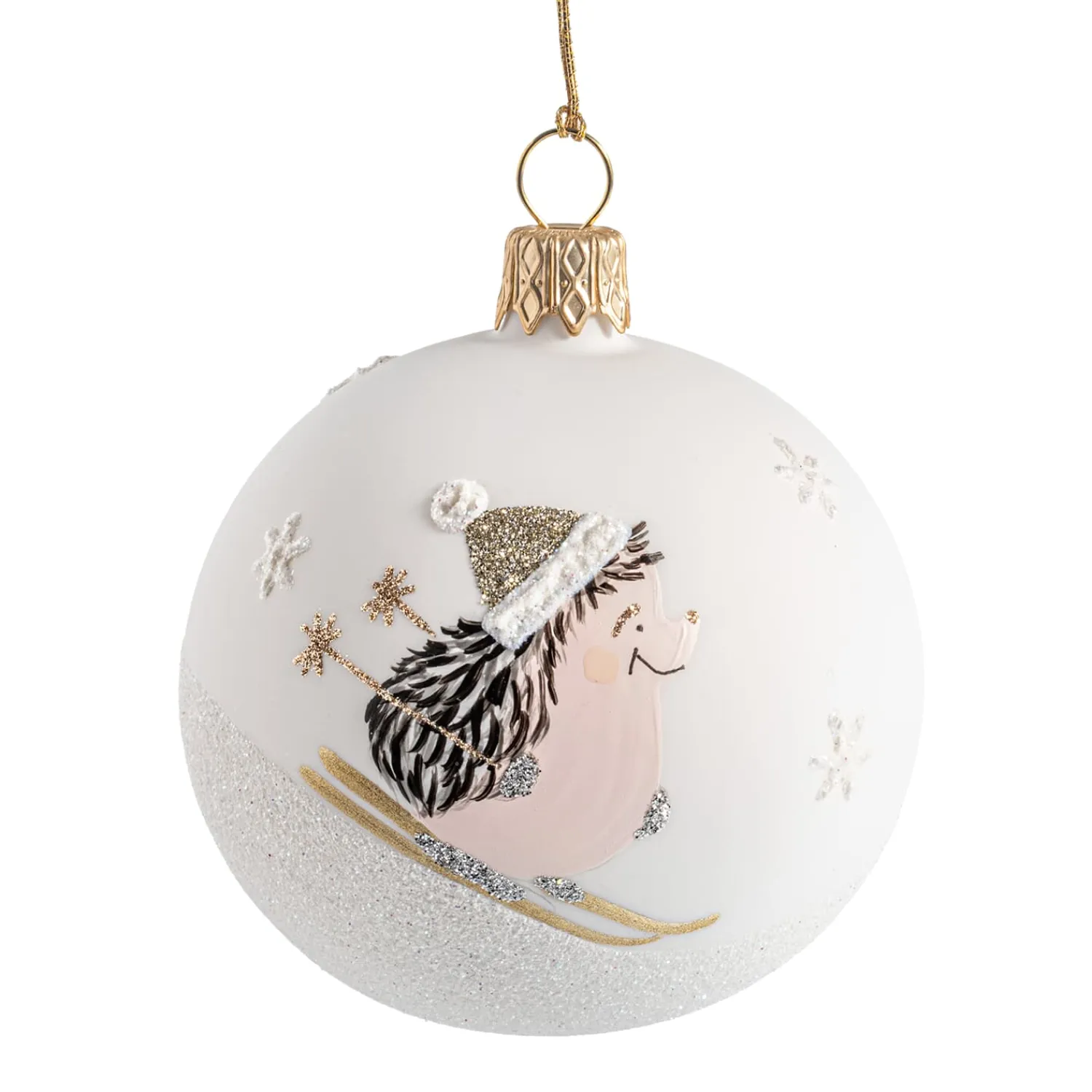 Weihnachtskugeln-Glaskugel weiß matt mit Igel auf Ski, 7 cm