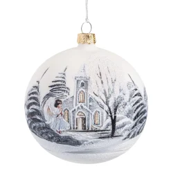 Weihnachtskugeln-Glaskugel weiß matt mit Kirche und Engel, 10 cm