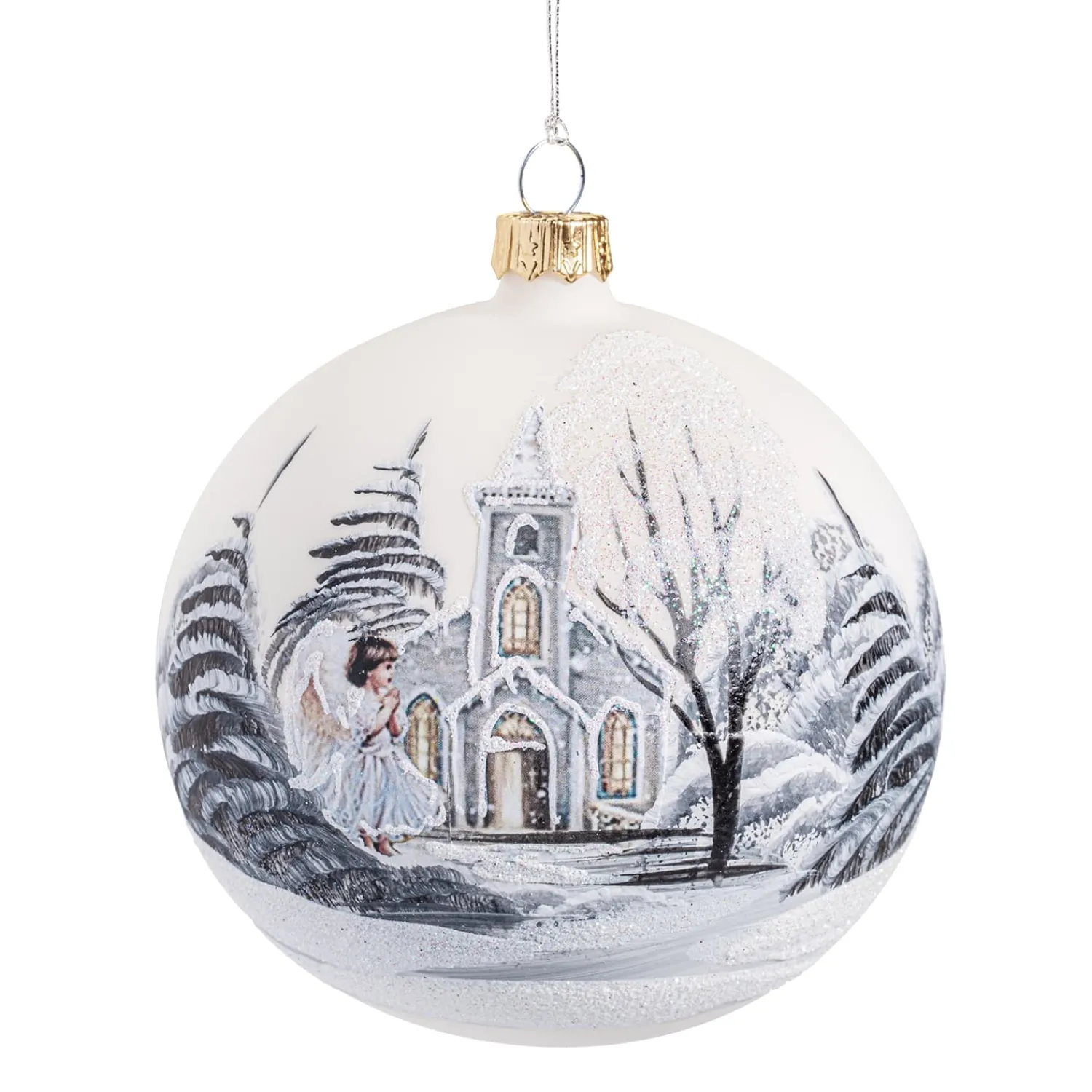 Weihnachtskugeln-Glaskugel weiß matt mit Kirche und Engel, 10 cm