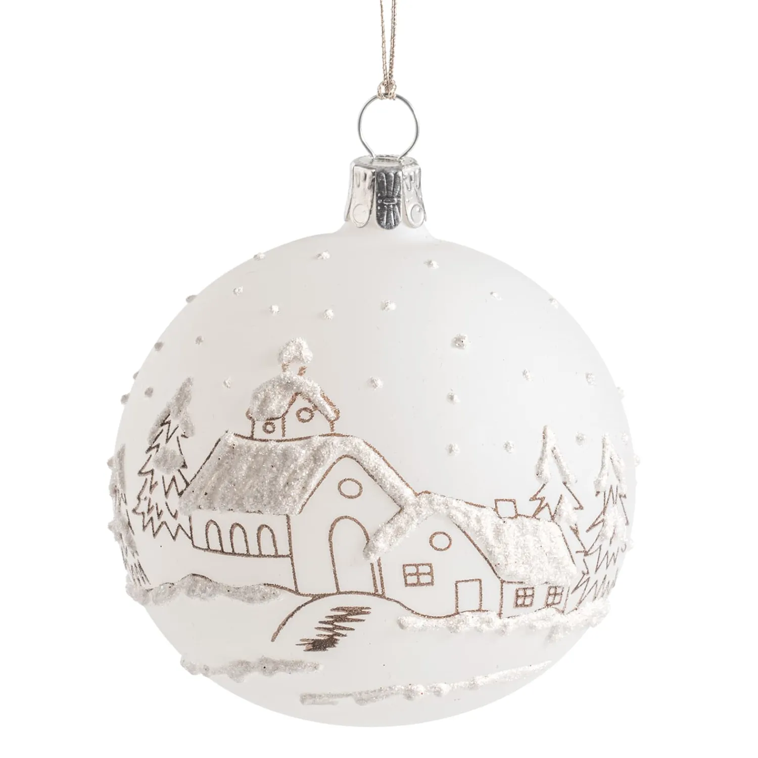 Weihnachtskugeln-Glaskugel weiß matt mit Winterhäuser, 7 cm