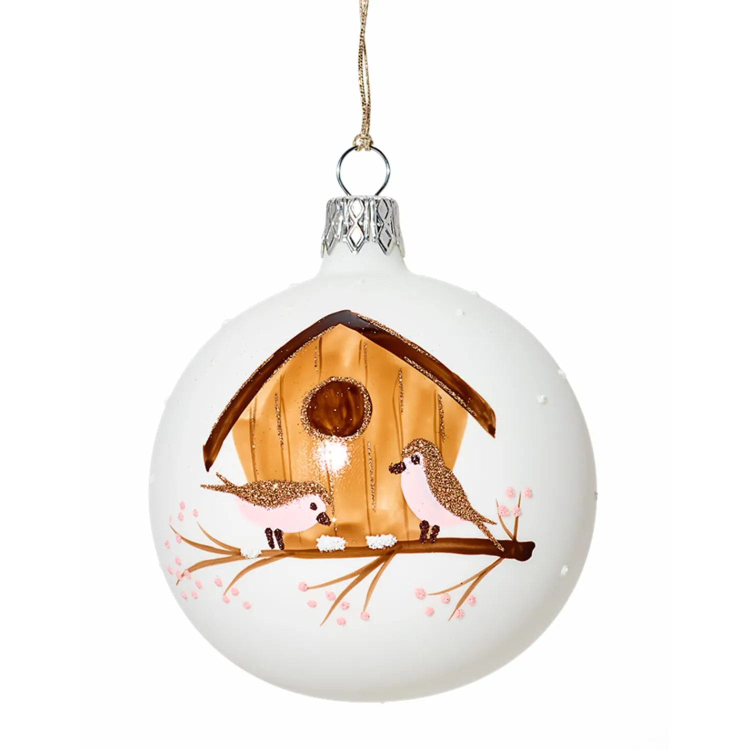 Weihnachtskugeln-Glaskugel weiß mit Vogelhäuschen, 7cm