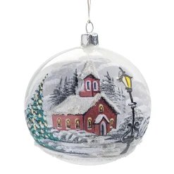 Weihnachtskugeln Aus Glas-Glaskugel weiß mit winterlicher Kirche, 10 cm
