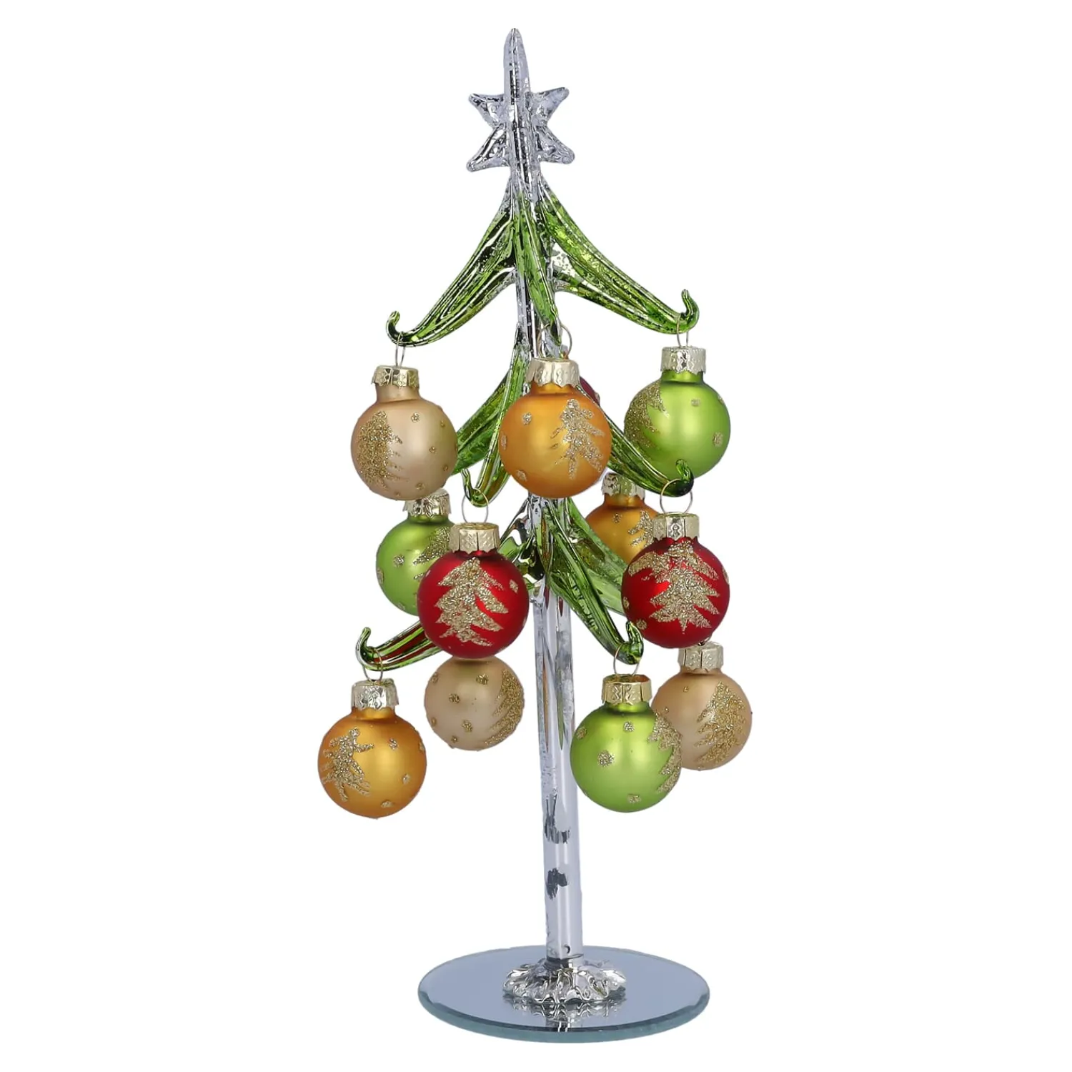 Standfiguren|Wohndeko-Grüner Glasbaum mit bunten Kugeln, 23 cm