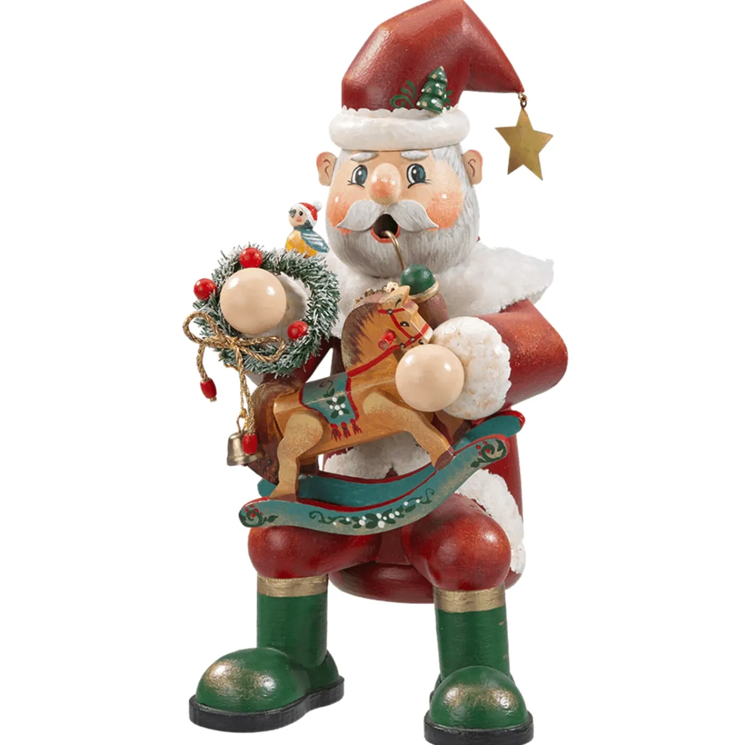 Käthes Original Räuchermänner-Holzknoddl "Weihnachtsmann mit Schaukelpferd"