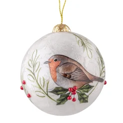 Baumschmuck Aus Perlmutt-Perlmuttkugel Rotkehlchen auf Zweig, 7,5 cm