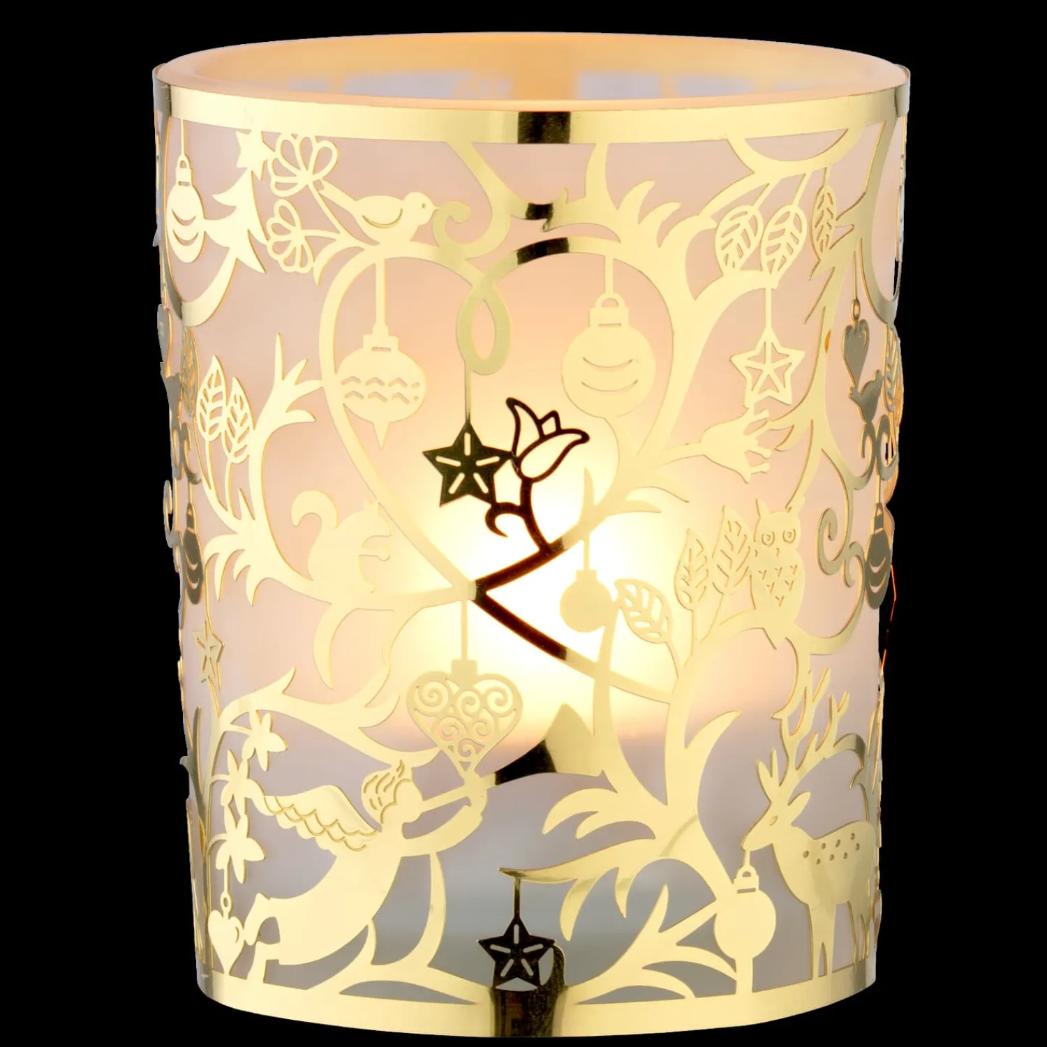 Kerzen & Teelichthalter-Teelichtglas "Waldweihnacht" gold