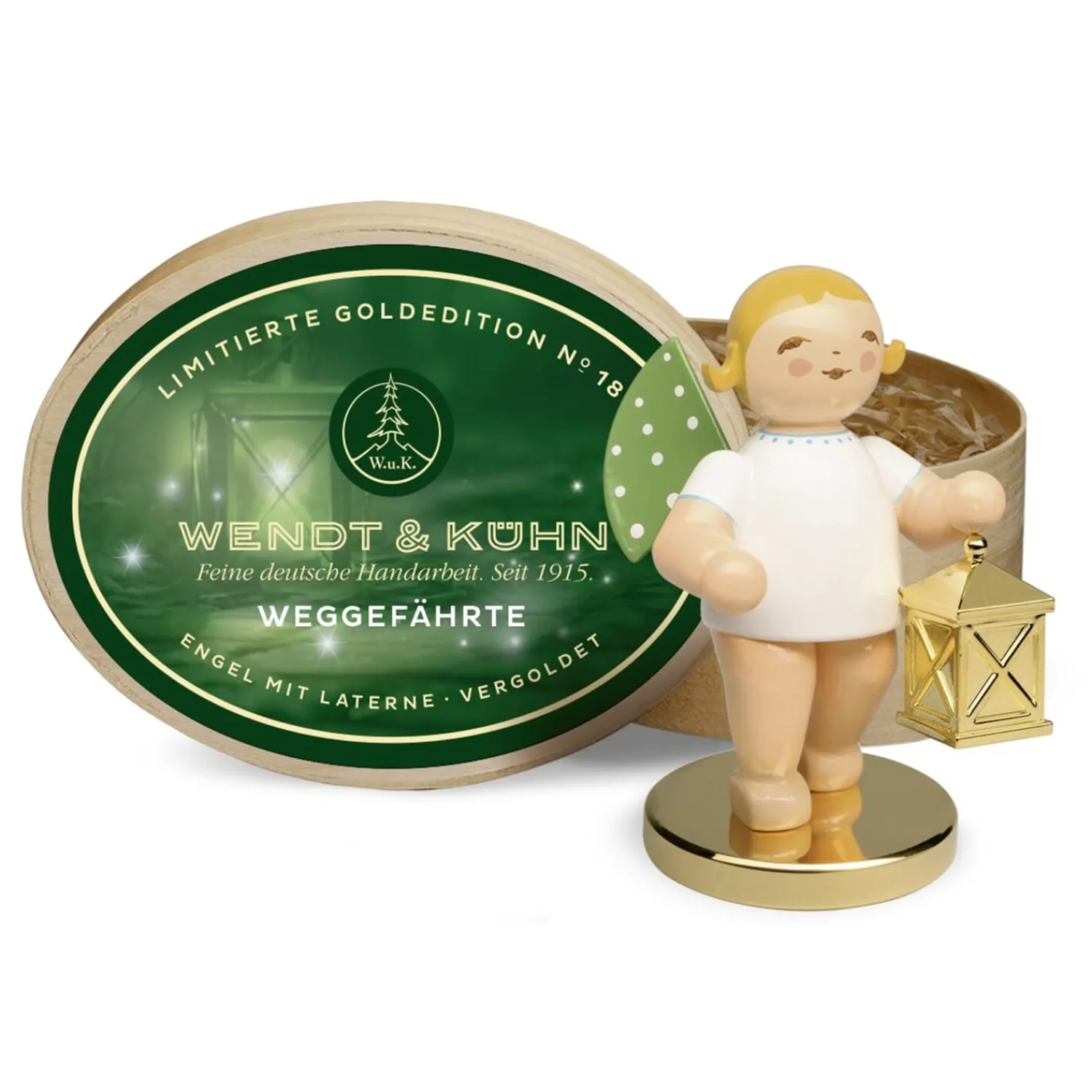 WENDT & KÜHN Wendt & Kühn Kollektion-Weggefährte, Engel mit Laterne auf vergoldetem Metallsockel, Goldedition No18, Standfigur