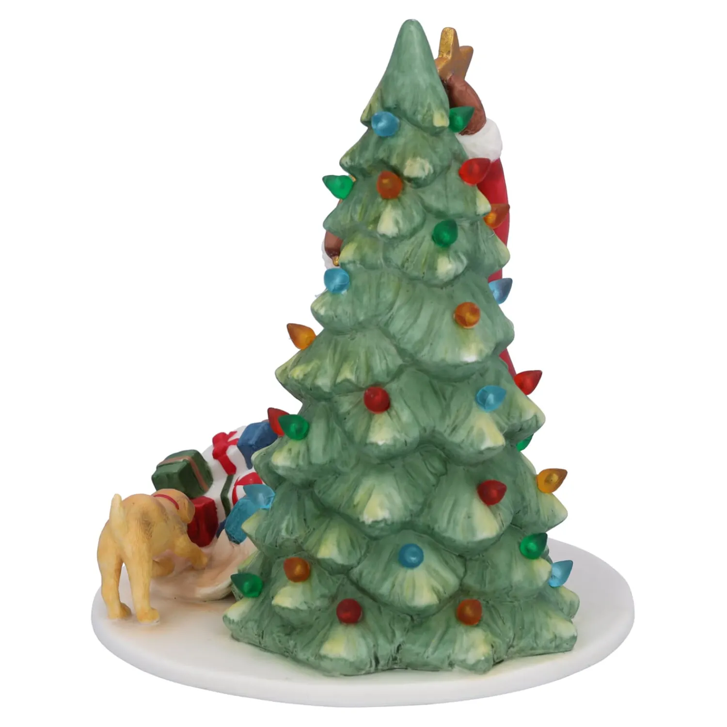 Standfiguren-Weihnachtsmann beim Baum schmücken