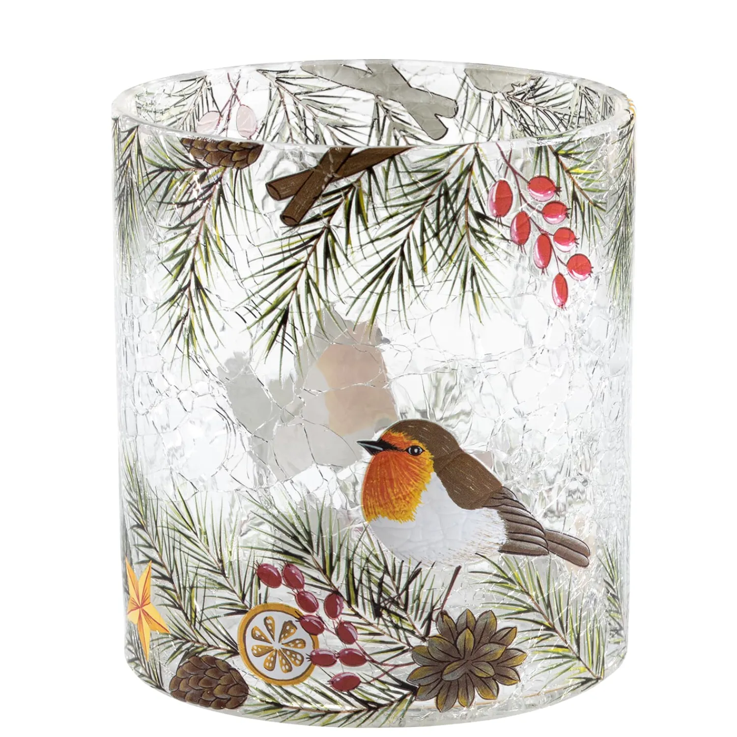 Kerzen & Teelichthalter-Windlicht "Rotkehlchen auf Weihnachtszweig", 10 cm