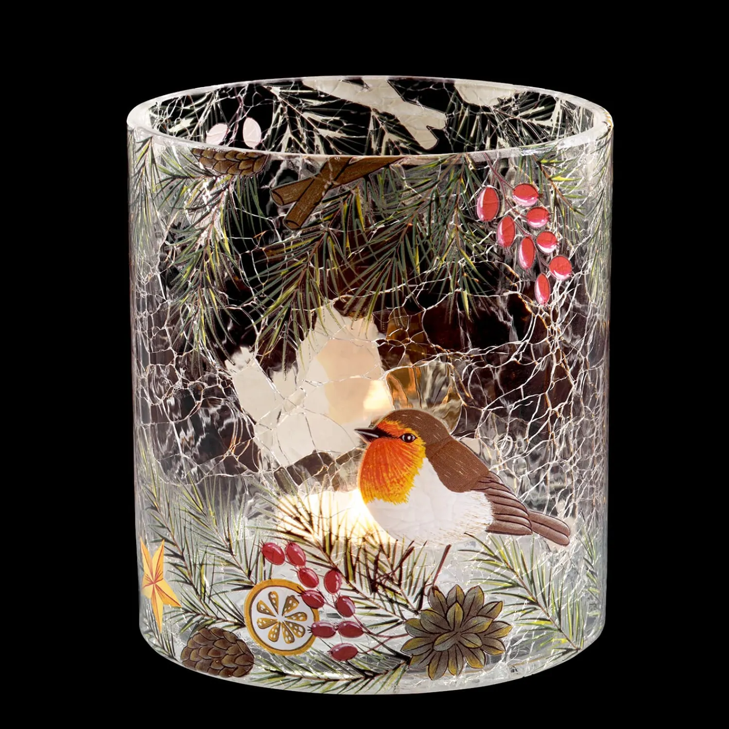 Kerzen & Teelichthalter-Windlicht "Rotkehlchen auf Weihnachtszweig", 10 cm